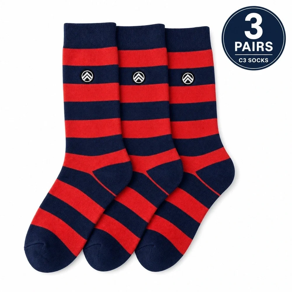 Sky Footwear Crew Socks Mens OS Orange Blue Rugby Striped 3 Pairs Athletic Logo